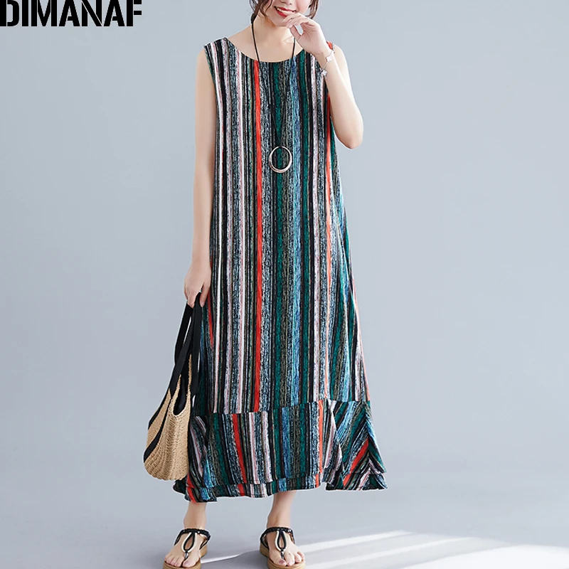 Женский свободный сарафан в полоску DIMANAF винтажное пляжное платье-жилет без