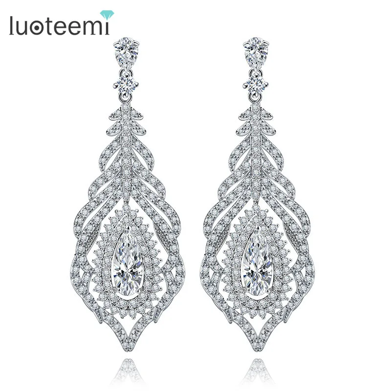 

LUOTEEMI Luxury Micro Pave Cubic Zirconia Long Feather Earring For Women High Quality Korean Fashion Party Wedding Bride Jewelry