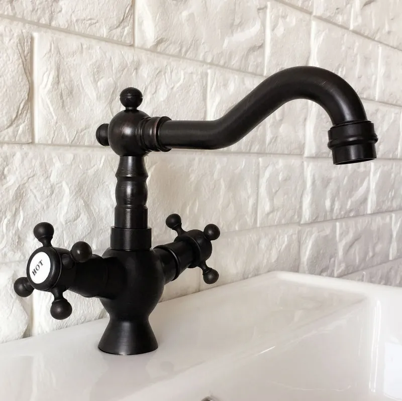 Black Oil Rubbed Brass Dual Cross Handles One Hole Bathroom Kitchen Basin Sink Faucet Mixer Tap Swivel Spout Deck Mounted mnf362 |