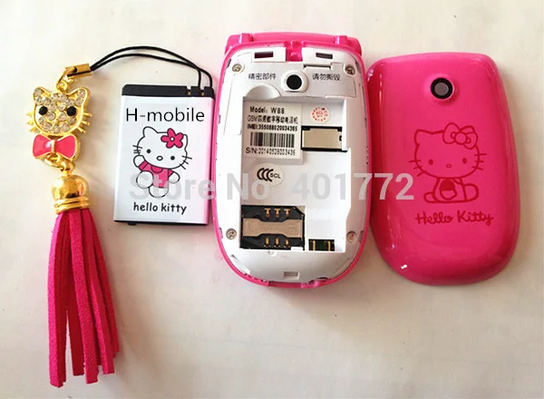2 батареи флип hello Kitty сотовые телефоны W88 Роскошная Музыка флэш-светильник мини девочка леди детский, для мобильного телефона H-mobile W88