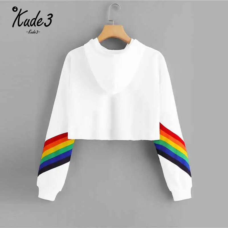 Белый желтый Радужный укороченный пуловер с буквенным принтом Женская толстовка