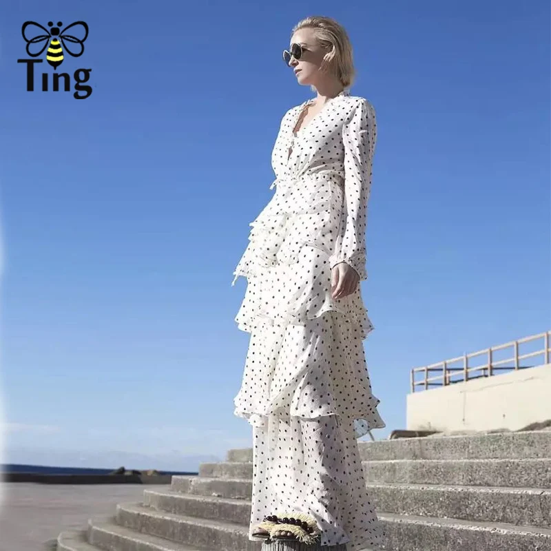 Tingfly, дизайнерское, модное, в горошек, с принтом, длинное, для вечеринок, платья для женщин, сексуальное, v-образный вырез, многослойное, для подиума, с оборками, платье, Vestidos, повседневное