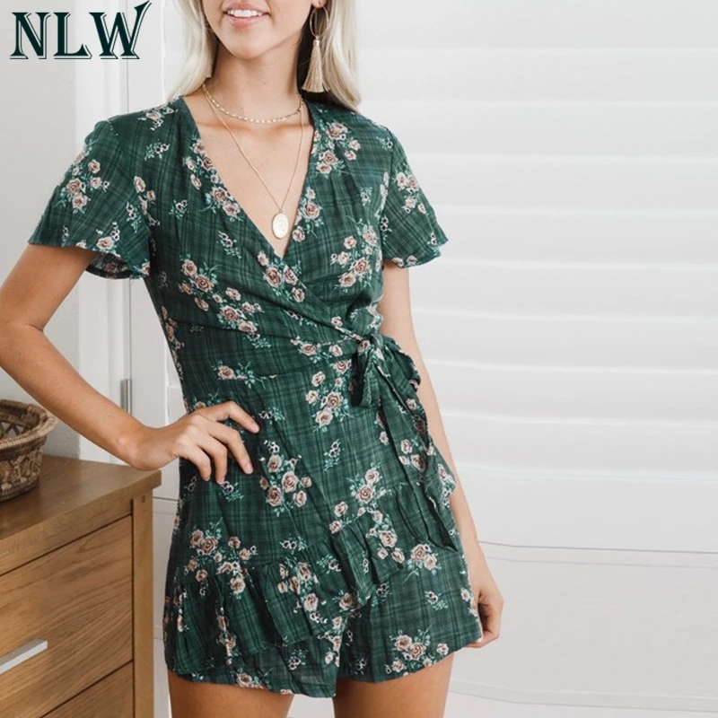 NLW Boho цветочный принт комбинезоны женский комбинезон сексуальный v образный