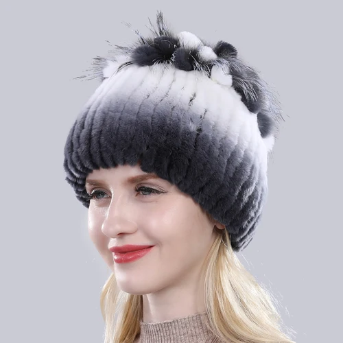 Женские шапки из меха кролика Рекс, зимние шапки из меха кролика Рекс, полосатые шапки с мехом лисы, теплые вязаные шапки из натурального меха - Цвет: color 1