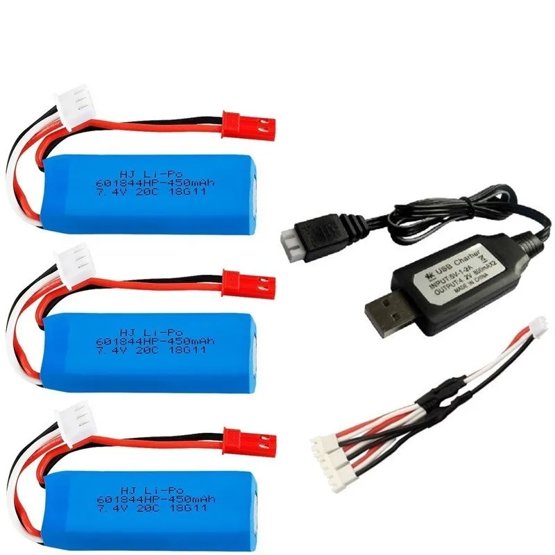 SILVER 7,4 V 450mAh Lipo батарея и USB зарядное устройство для WLtoys K969 K979 K989 K999 P929 P939 RC автомобильные запчасти 2s 7,4 v батарея 3 шт - Цвет: SILVER
