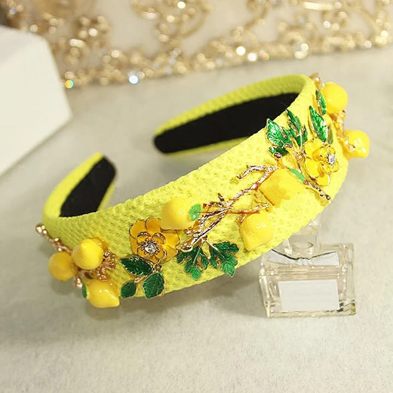 

New Hot Baroque fashion runway cute yellow lemon flower green leaves headbands for women luxury vintage hair accessories jewelry
