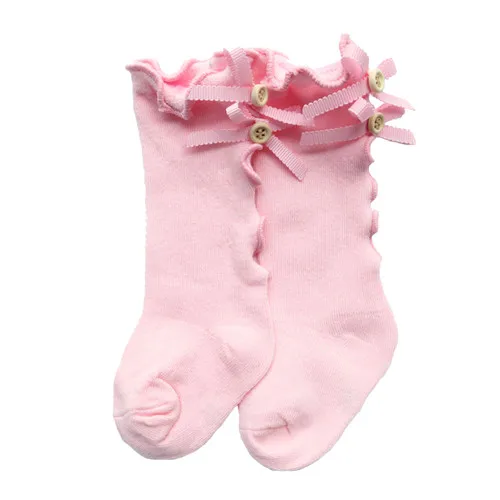Pink Хлопковые гольфы для девочек, детские длинные носки с бантами, гофрированные гольфы для маленьких девочек, мягкие носки для детей 0-8 лет - Цвет: Pink