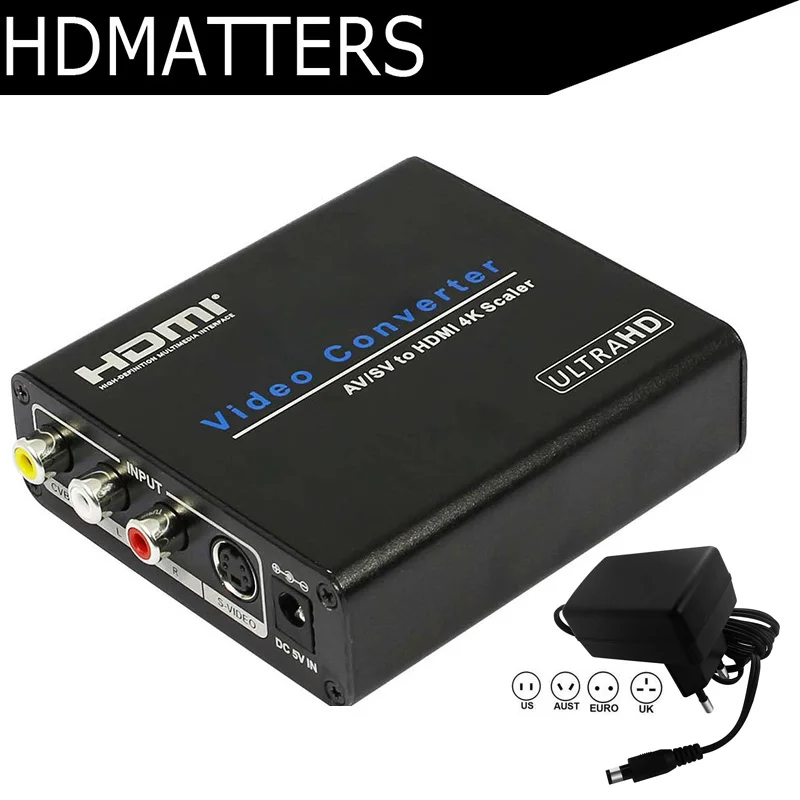 Композитный RCA AV в HDMI 4K конвертер scaler CVBS+ L/R+ S-video в HDMI выход с питанием