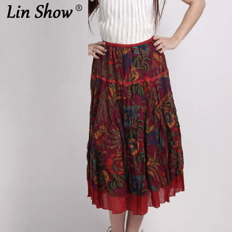 Linshow Лен с цветочным принтом Юбка Femme Vitange Элегантные до середины икры Женская