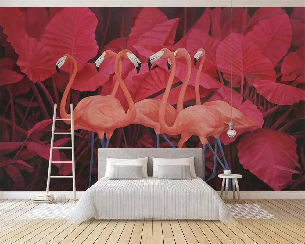 

Beibehang Wallpaper mural red tropical plant leaves flamingo TV background wall home decor living room bedroom 3d wallpaper