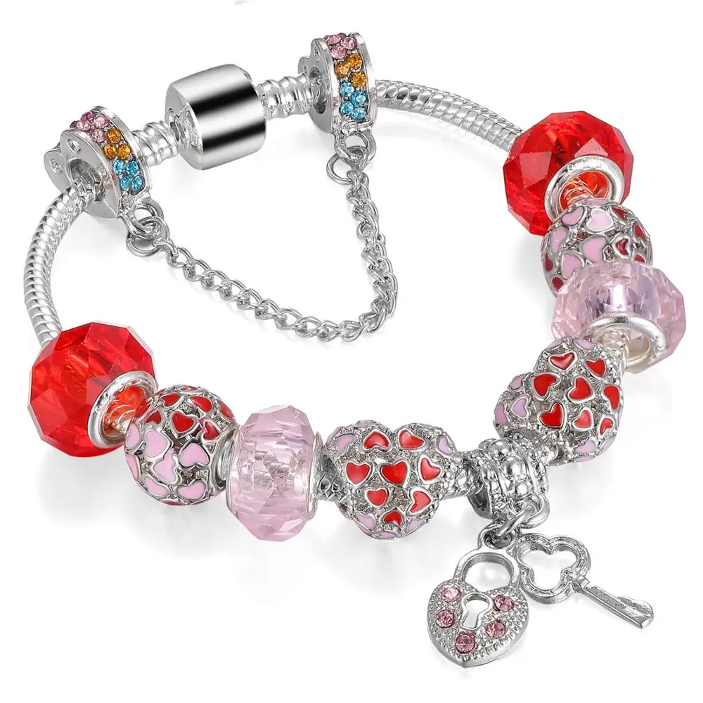 Модный античный посеребренный Пандора браслеты и кристалл сердце