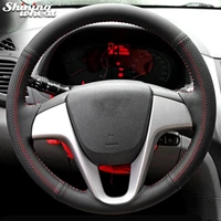 shining wheat black genuine leather red thread car steering wheel cover for hyundai solaris verna i20 accent