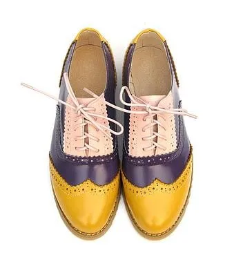pink purple yellow Винтажные женские туфли-оксфорды в британском стиле; Коллекция года; туфли на плоской подошве из натуральной кожи; женские черные лакированные туфли ручной работы; американский размер 13 - Цвет: pink purple yellow