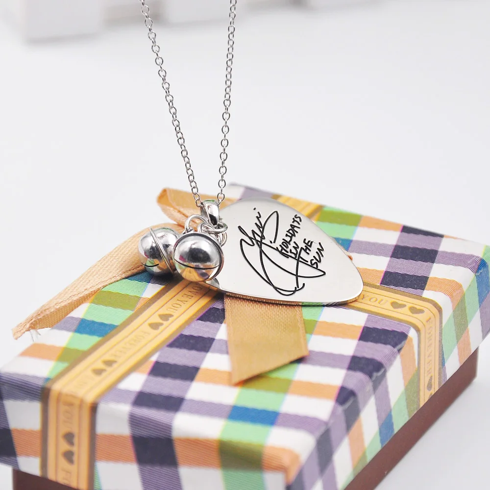 

Solid Silver Guitar Pick Necklace with Bell, Engrave your Signature, Custom Name Necklace, Hand Written Jewelry