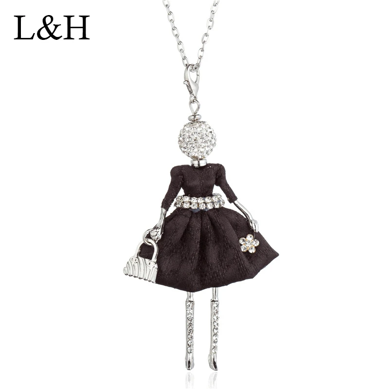 

Black White Purple Rhinestone Floral Dressing Doll Necklaces&Pendants Women Fashion Handmade Long Chain Collar Necklace Kolye