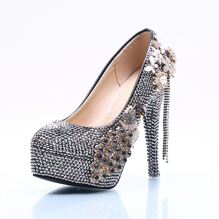 

Black and Silver AB Colorful Crystal Wedding Shoes Rhonestone Pearl Beaded Large Size Women Pumps Super High Heel with Platform