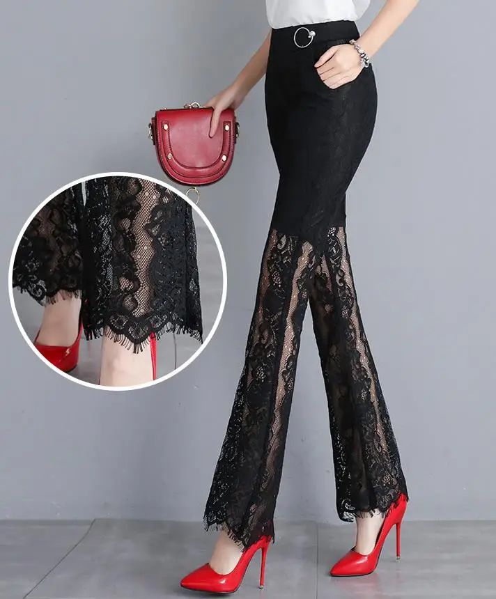 Новые кружевные расклешенные брюки женские 2020 Модные длинные с высокой талией