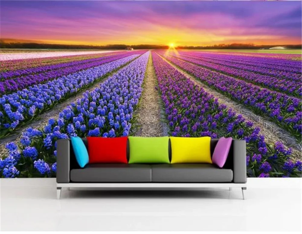 Пользовательские фото 3d обои Sunrise Lavender Fleld пейзаж крытый ТВ фон Настенная