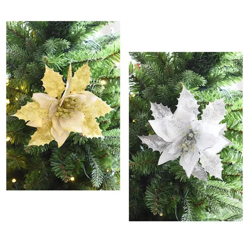 12Pieces Glitter Poinsettia Flowers Christmas Tree Poinsettia Ornaments for Christmas Valentine's Day Floral Decorations