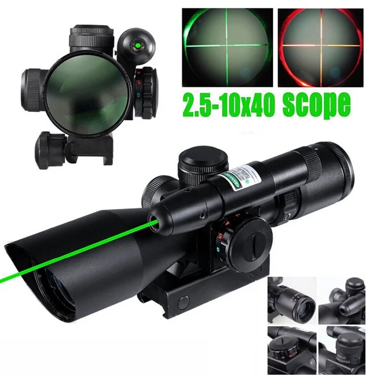 Охота 2.5-10x40 Тактический Прицел с Зеленый Лазер Двойной подсветкой Mil-dot