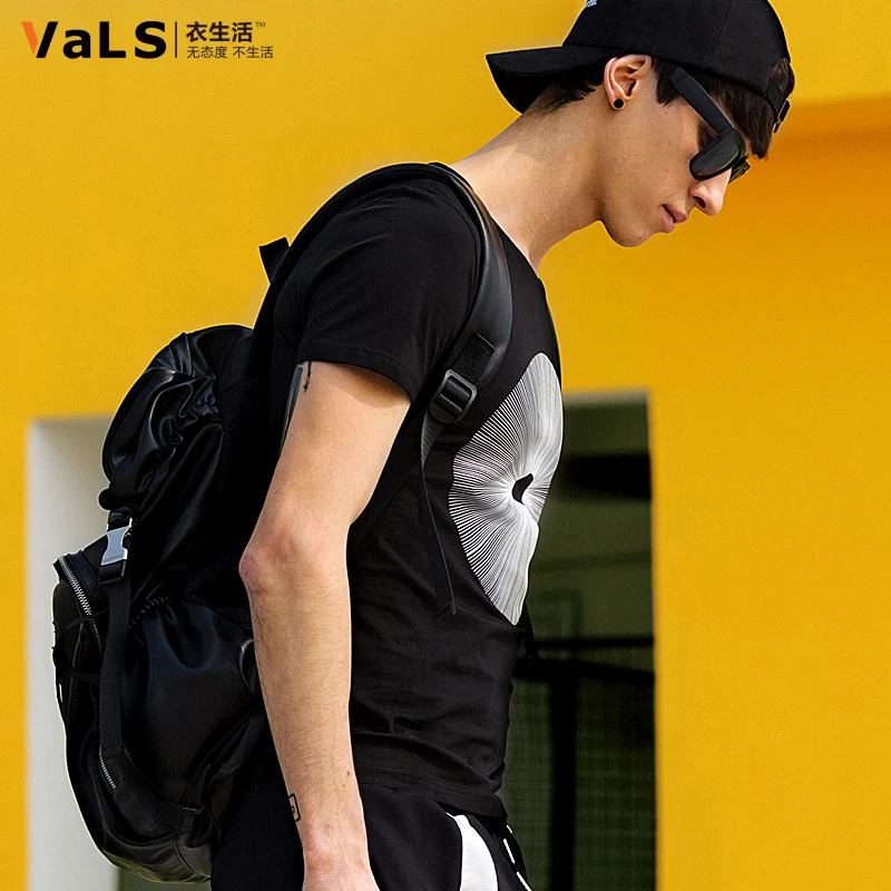 ВАЛЬС 2016 весной и летом новый мужской Футболки Мода диски печати шею с коротким