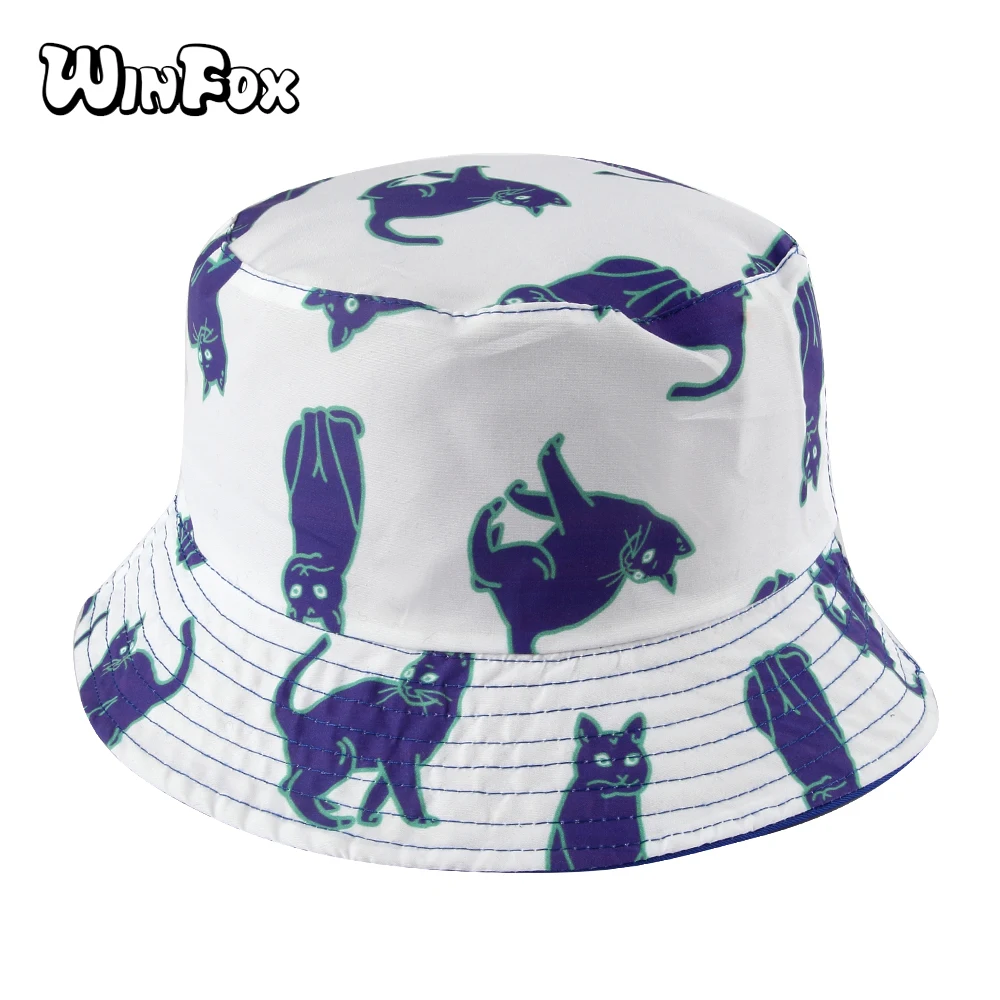 Женские Двусторонние Шапки Winfox белые синие с принтом кота в рыбацком стиле для