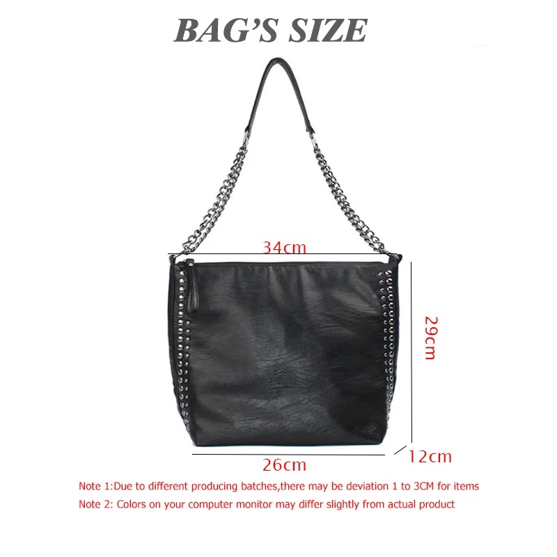 Rivets Women Large Bags Vintage Female Tote Handbags Soft Pu Leather Shoulder Bags Chain Crossbody Bag For Women Black Bolsa