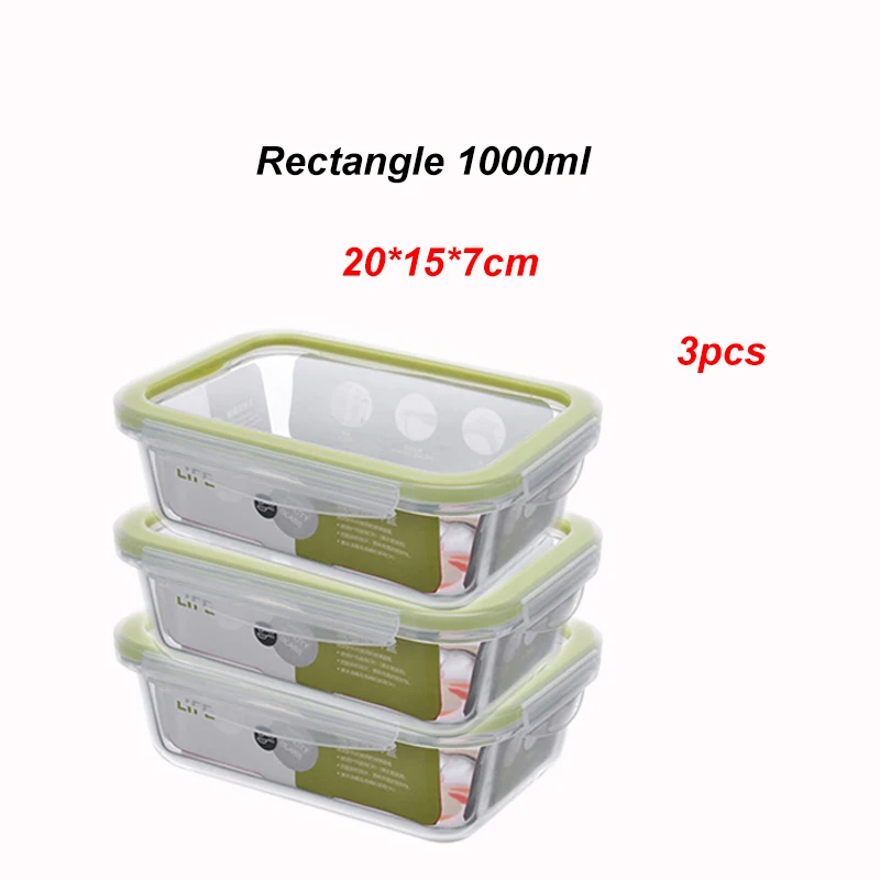 1000ML 3PCS Стеклянный контейнер для завтрака, контейнер для хранения еды, без бисфенола, герметичные крышки - Цвет: 1000ML 3PCS