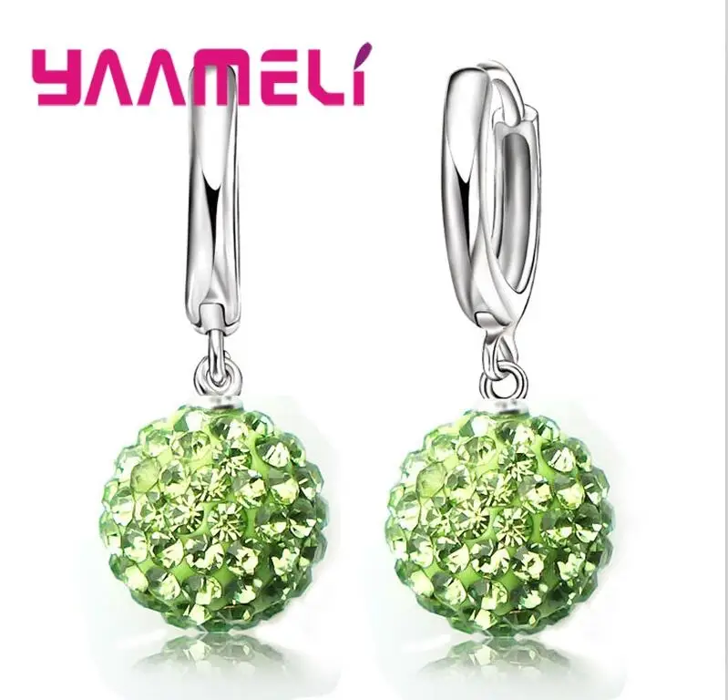 Green Лучшие продажи, 925 пробы серебряные блестящие хрустальные серьги-кольца с шариком, ювелирные изделия,, Прямая поставка, Женские Ювелирные изделия - Окраска металла: Green