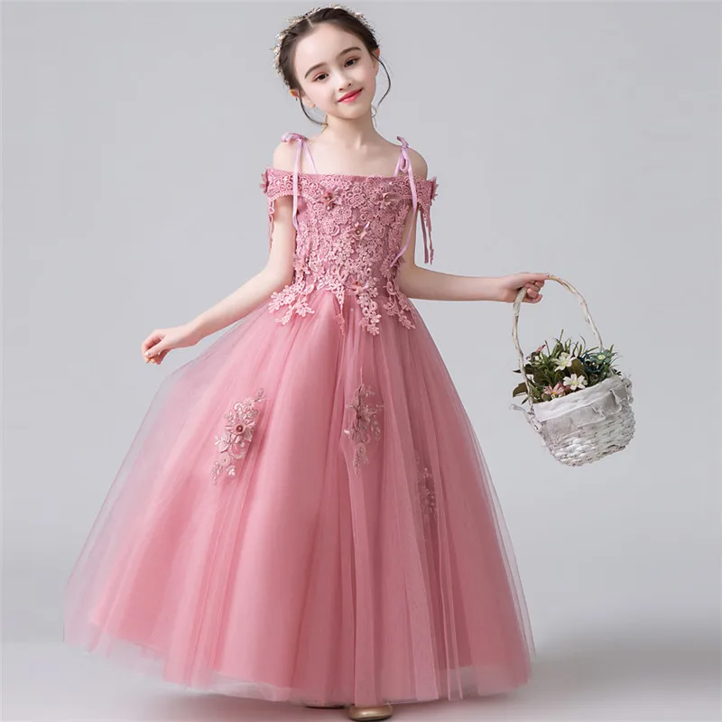 as pic long dress Роскошная детская модель для девочек с аппликацией в виде цветов фортепиано костюм с длинным шлейфом платье для детей и подростков на день рождения, свадьбу, вечернее платье - Цвет: as pic long dress