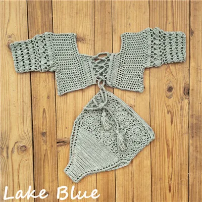 Lake Blue Ручная вязка крючком высокая нога бандо Бикини Набор пляжное купальное бикини накидка праздничная одежда - Цвет: Lake Blue