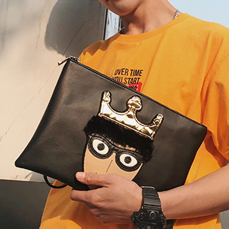 New iPad Men Shoulder Bag Solid Personality Prince Pattern Pu Leather Zipper Handbag Wrist For Boys |