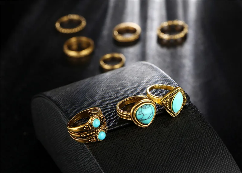 8 шт./компл. Boho Античное золото-Цвет кольца на пальцы наборы для Для женщин модные солнцезащитные очки в стиле ретро с бирюзой на кончик пальца кольцо ювелирные изделия аксессуары YMCJR019