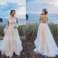 gentle tulle v neck neckline long sleeves lace applique a line wedding dress with backless sweep train illusion bridal dress