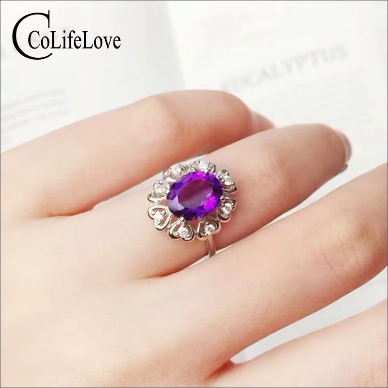 Женское кольцо с аметистом CoLifeLove 6 мм * 8 природный аметист серебро 925 пробы