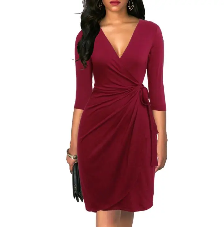 6083 Burgundy Berydress Винтаж 50s Ruched женское платье с длинными рукавами черные скромные платья Элегантное узкое облегающее платье осень миди бордовые платья - Цвет: 6083 Burgundy