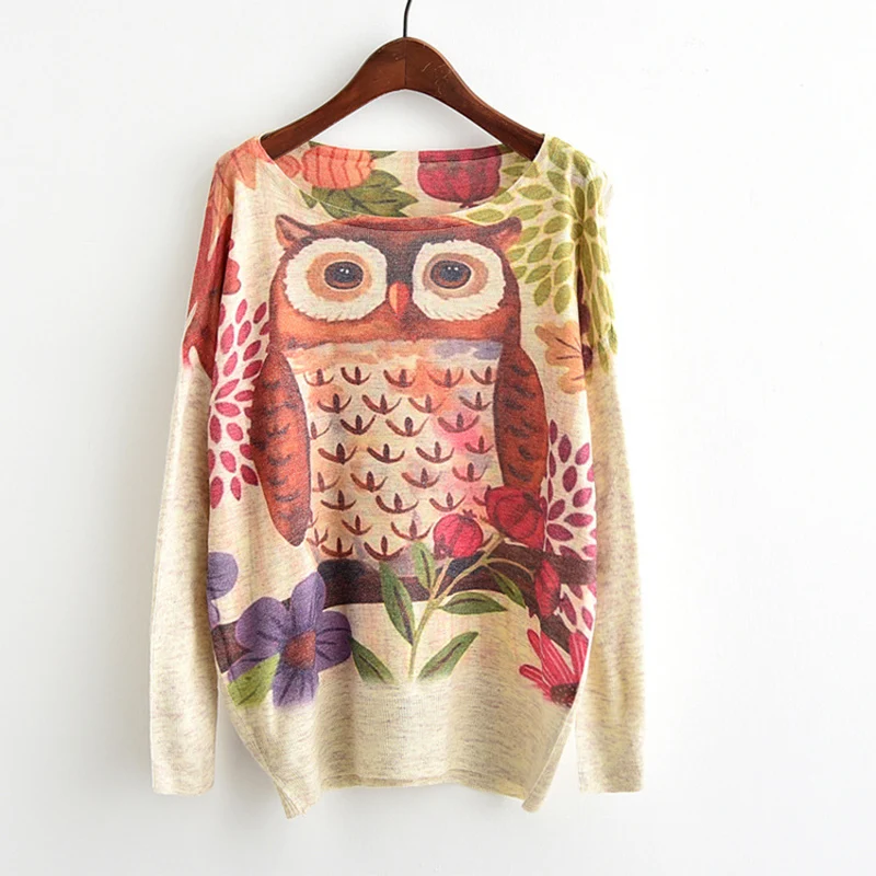 Женский длинный вязаный свитер Свободный пуловер с рисунком Совы и животных