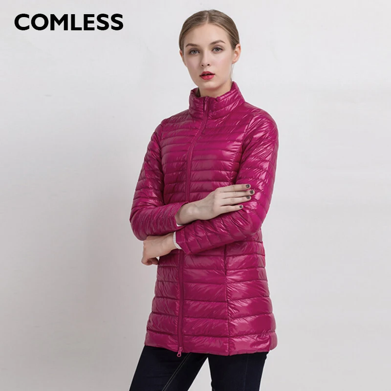 COMLESS размера плюс 4XL, 8 цветов, Женский Повседневный ультралегкий пуховик с 90% пухом, 10% перо, на молнии, Женское зимнее длинное пальто, куртка
