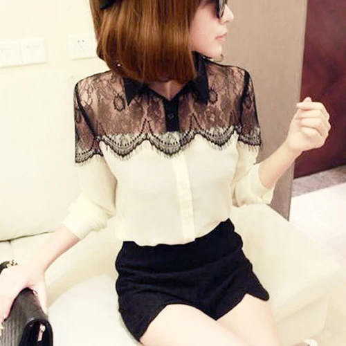 

2019 Womens Lace Chiffon Blouses Hot Sale Black White Lady Splicing Long Sleeve Tops Blouse 3013