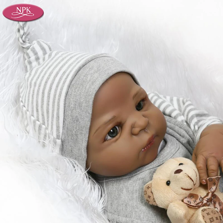 NPK 57 см Силиконовая черная кукла для новорожденного мальчика + мягкая игрушка