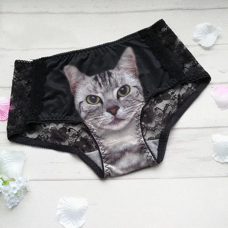 Трусики с котом, кружевное нижнее белье, бесшовные трусы, дышащие розовые трусики с Киской, сексуальные хлопковые нижнее белье, женские трусы - Цвет: black