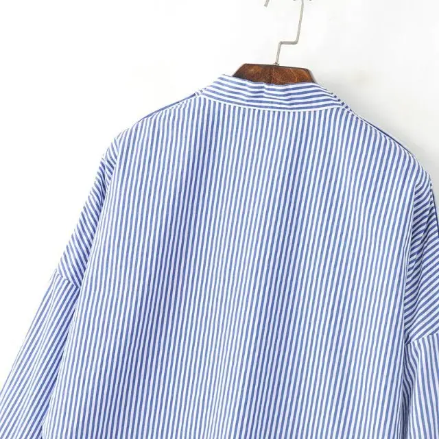 Синий Полосатый Цветок Вышивка Рубашка Женщины Нагрудные с длинным рукавом