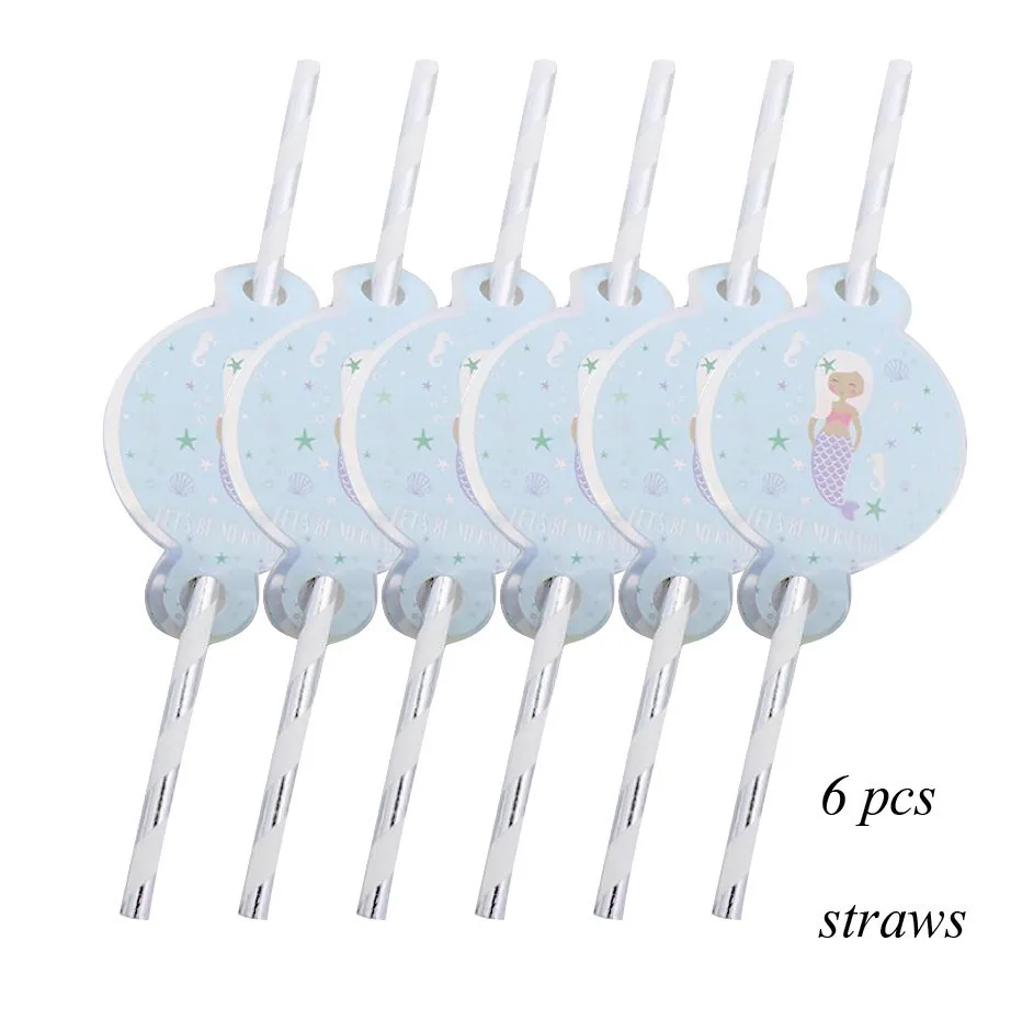 6pcs straw 1 комплект Русалка Вечерние одноразовые бумажные столовые приборы фиолетовый номер воздушные шары настольные украшения для детей день рождения свадебные принадлежности - Цвет: 6pcs straw