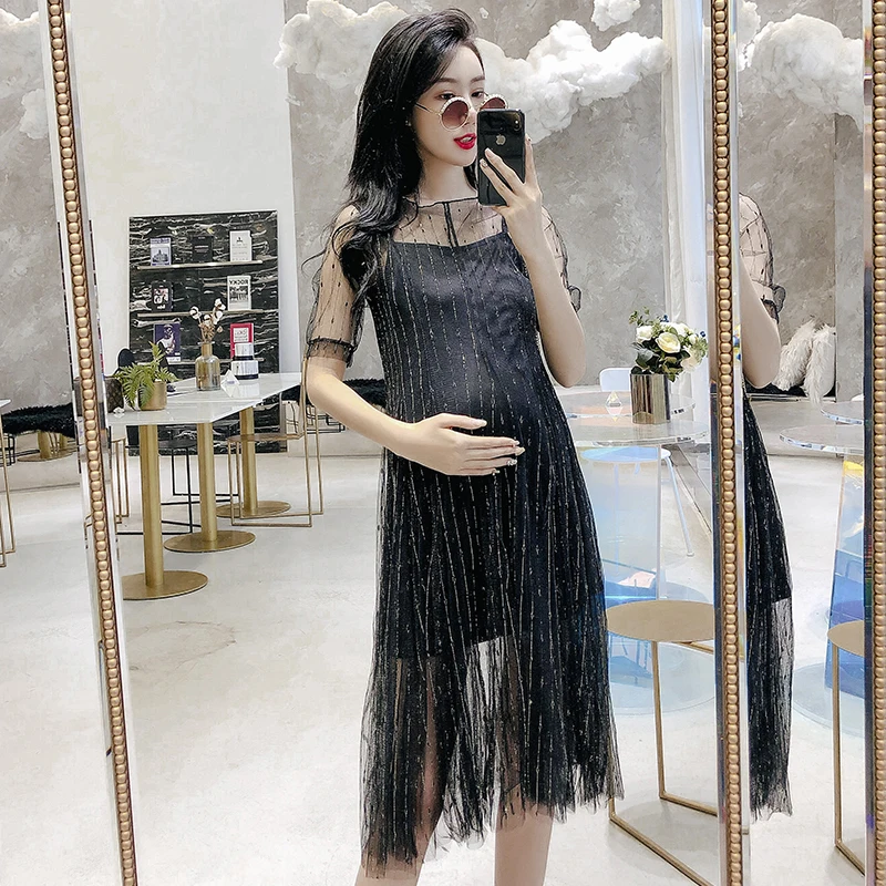 Летнее модное черное Сверкающее платье эластичное пляжное для беременных