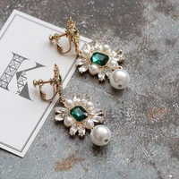 vintage big clip on earrings tassel long green crystal stone women wedding pearl earrings handmade jewelry korean earrings