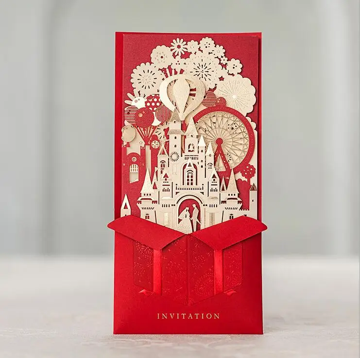50pcs Wishmade 3D Red Laser Cut Wedding Invitations with Bride and Groom in Castle Candy box for Marriage Wedding Cards CW5073