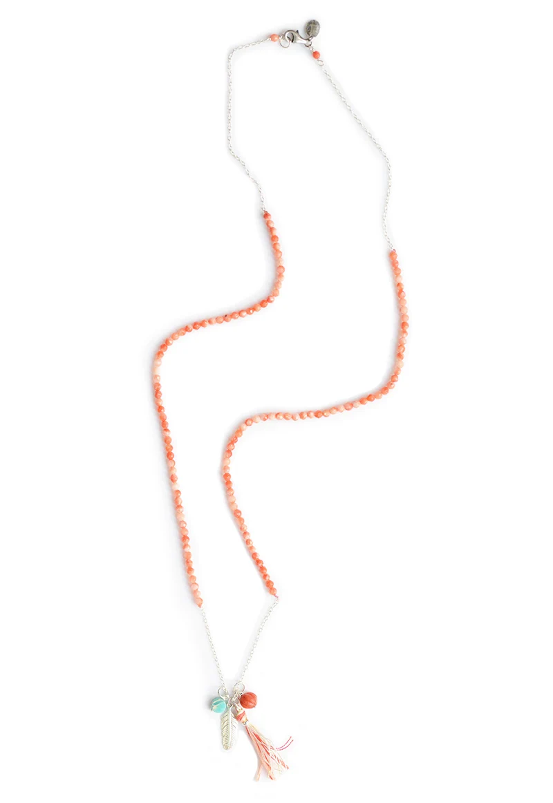 

Lotus Mann Orange pink coral with glass beads feathers small tassel pendant silver necklace