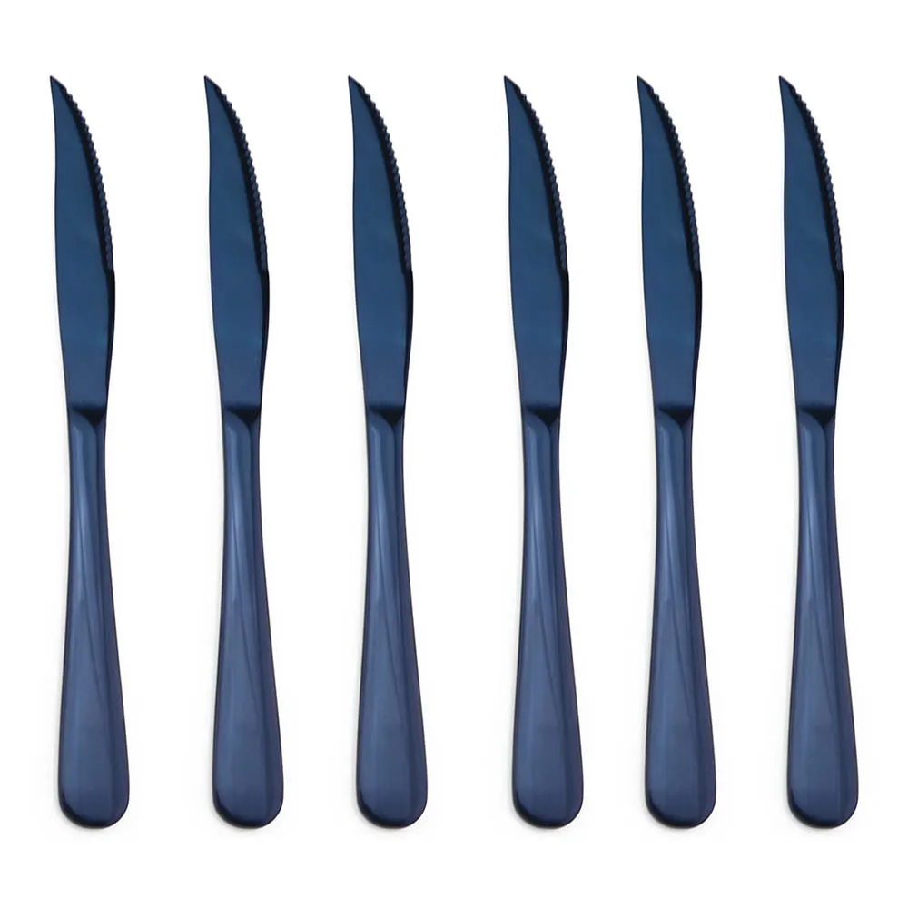 Blue 6PCS Современный Королевский Блестящий нож для стейка, 6 шт., черные радужные голубые тарелки, столовые приборы из нержавеющей стали, набор столовых приборов, набор столовых ножей с зубцами - Цвет: Blue 6PCS