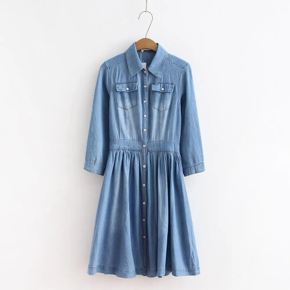 Женская одежда на весну и лето повседневное Плиссированное джинсовое платье