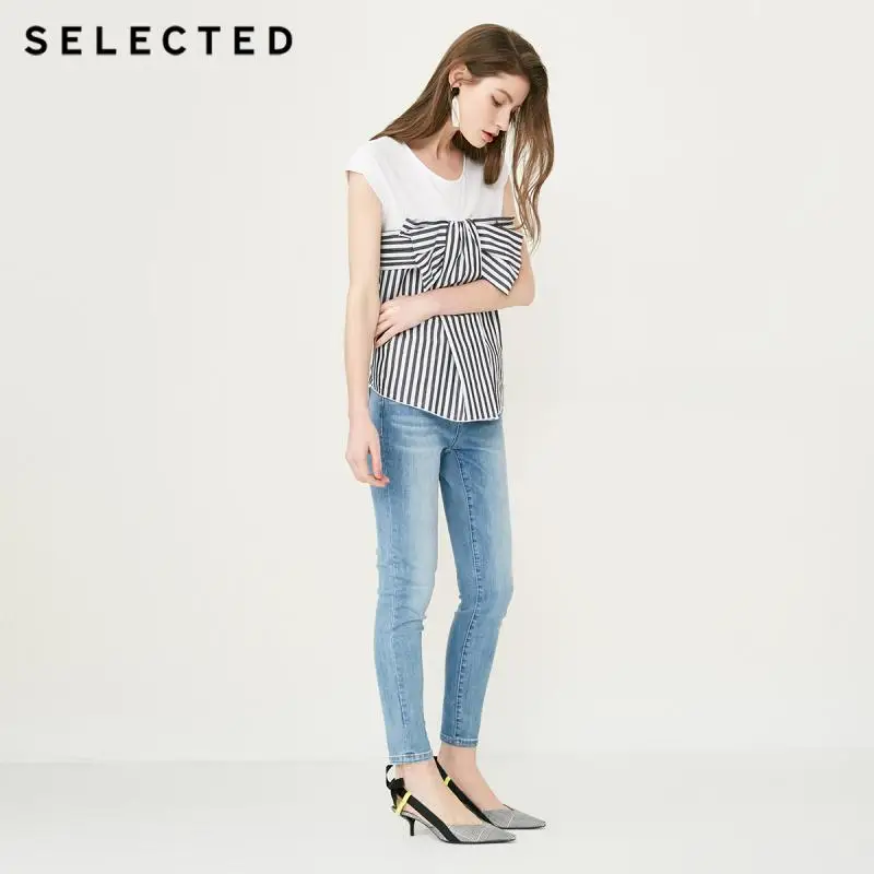 Выбранная женская летняя Хлопковая полосатая футболка с бантом S | 4182T4521|Футболки|